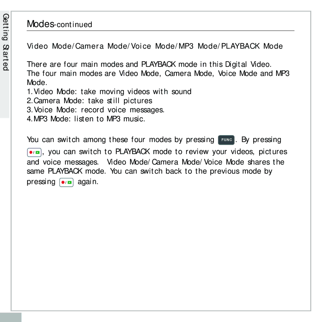 Audiovox DC500 operating instructions Video Mode/Camera Mode/Voice Mode/MP3 Mode/PLAYBACK Mode 