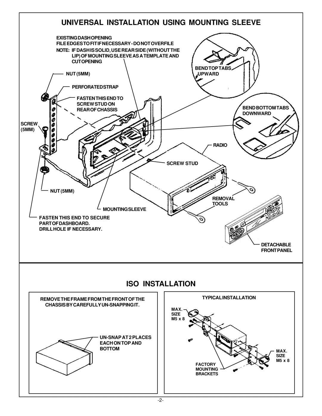 Audiovox Detachable Face Stereo Systems installation instructions Universal Installation Using Mounting Sleeve 