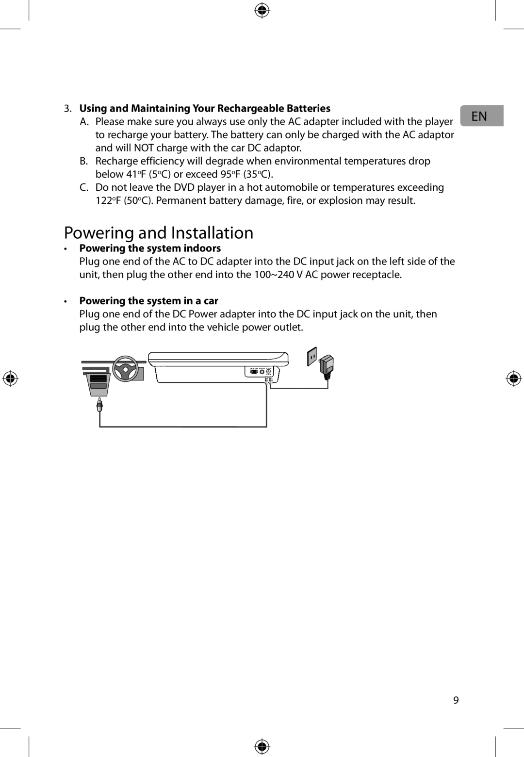 Audiovox DFL710 Powering and Installation, Using and Maintaining Your Rechargeable Batteries, Powering the system indoors 