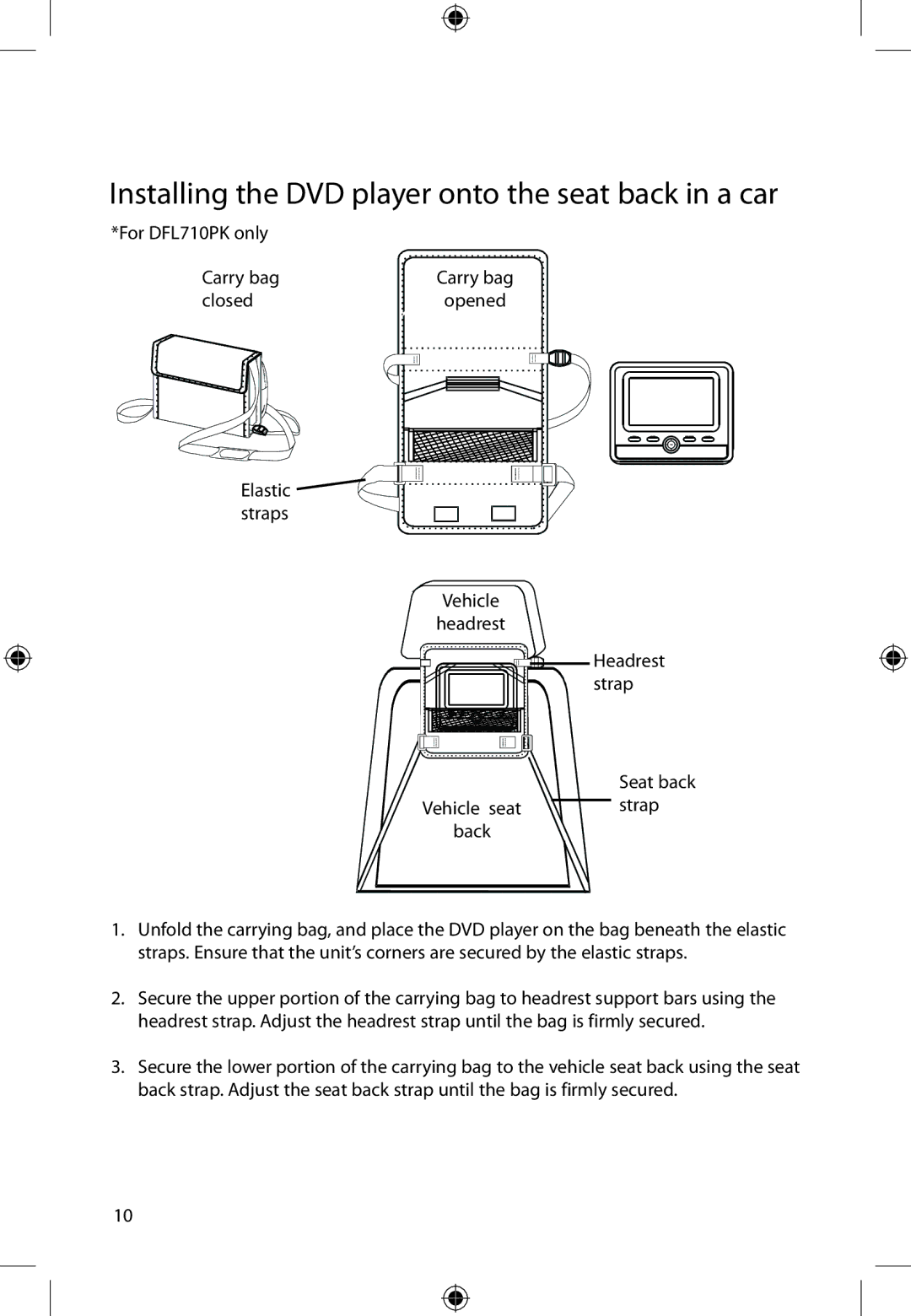 Audiovox DFL710PK user manual Installing the DVD player onto the seat back in a car, Seat back Vehicle seatstrap back 