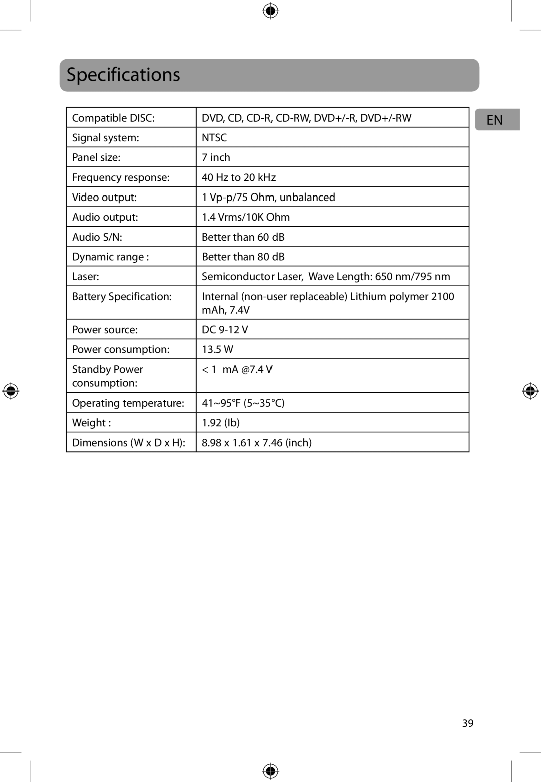 Audiovox DFL710PK user manual Specifications, Ntsc 