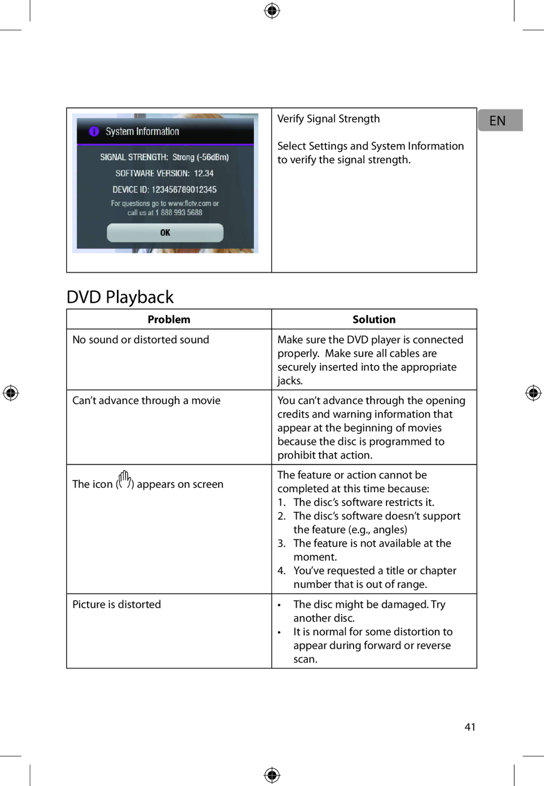 Audiovox DFL710PK user manual DVD Playback, Problem Solution 