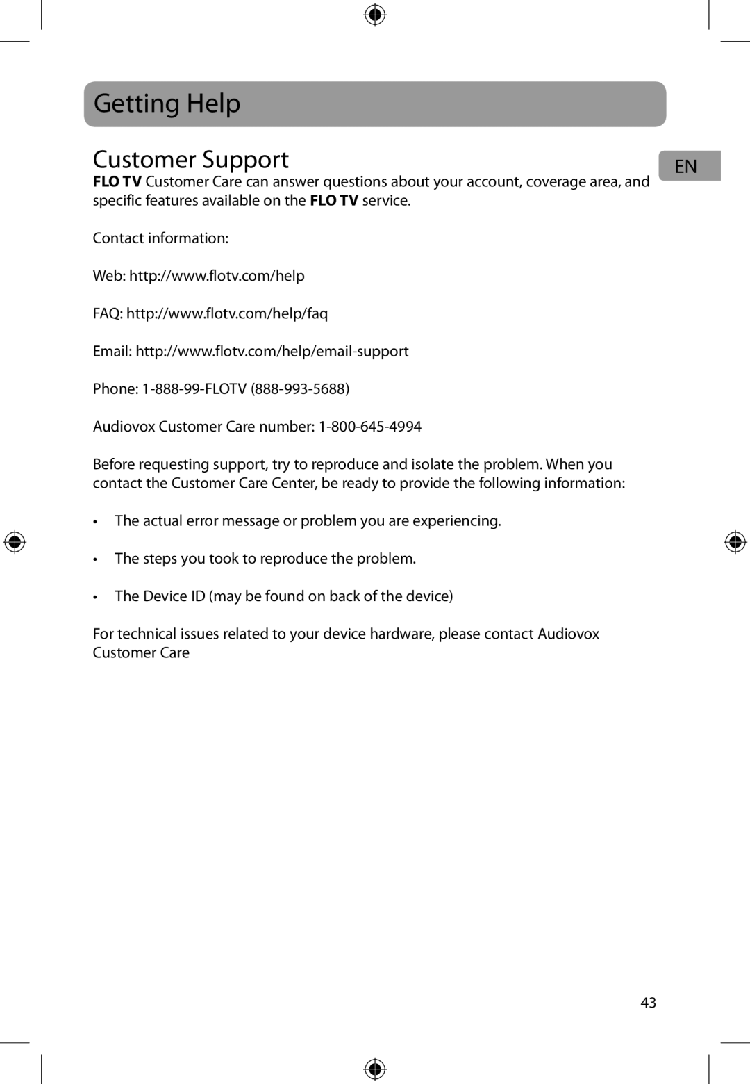 Audiovox DFL710PK user manual Getting Help, Customer Support 