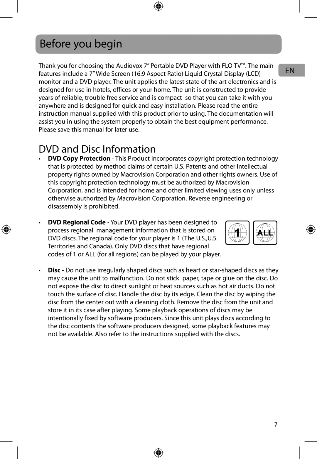 Audiovox DFL710PK user manual Before you begin, DVD and Disc Information 