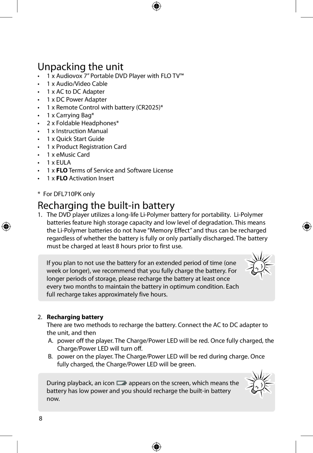 Audiovox DFL710PK user manual Unpacking the unit, Recharging the built-in battery, Recharging battery 