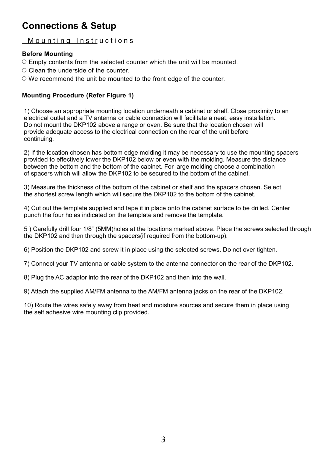 Audiovox DKP102 installation manual Connections & Setup, Before Mounting, Mounting Procedure Refer Figure 