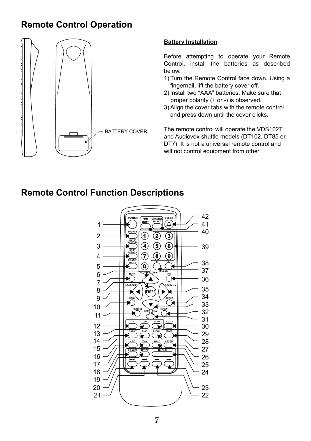 Audiovox DKP102 installation manual Remote Control Operation, Remote Control Function Descriptions, Battery Installation 