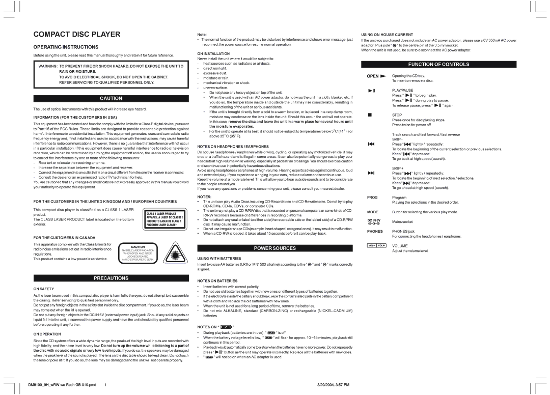 Audiovox DM8710-8JAS, DM8100_9H_wRW operating instructions Precautions, Power Sources, Function of Controls 