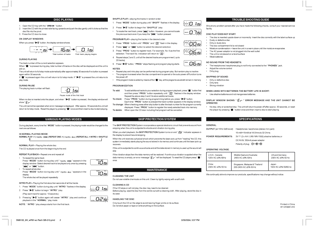 Audiovox DM8100_9H_wRW Disc Playing, Trouble Shooting Guide, Various Playing Modes Skip Protection System Specifications 