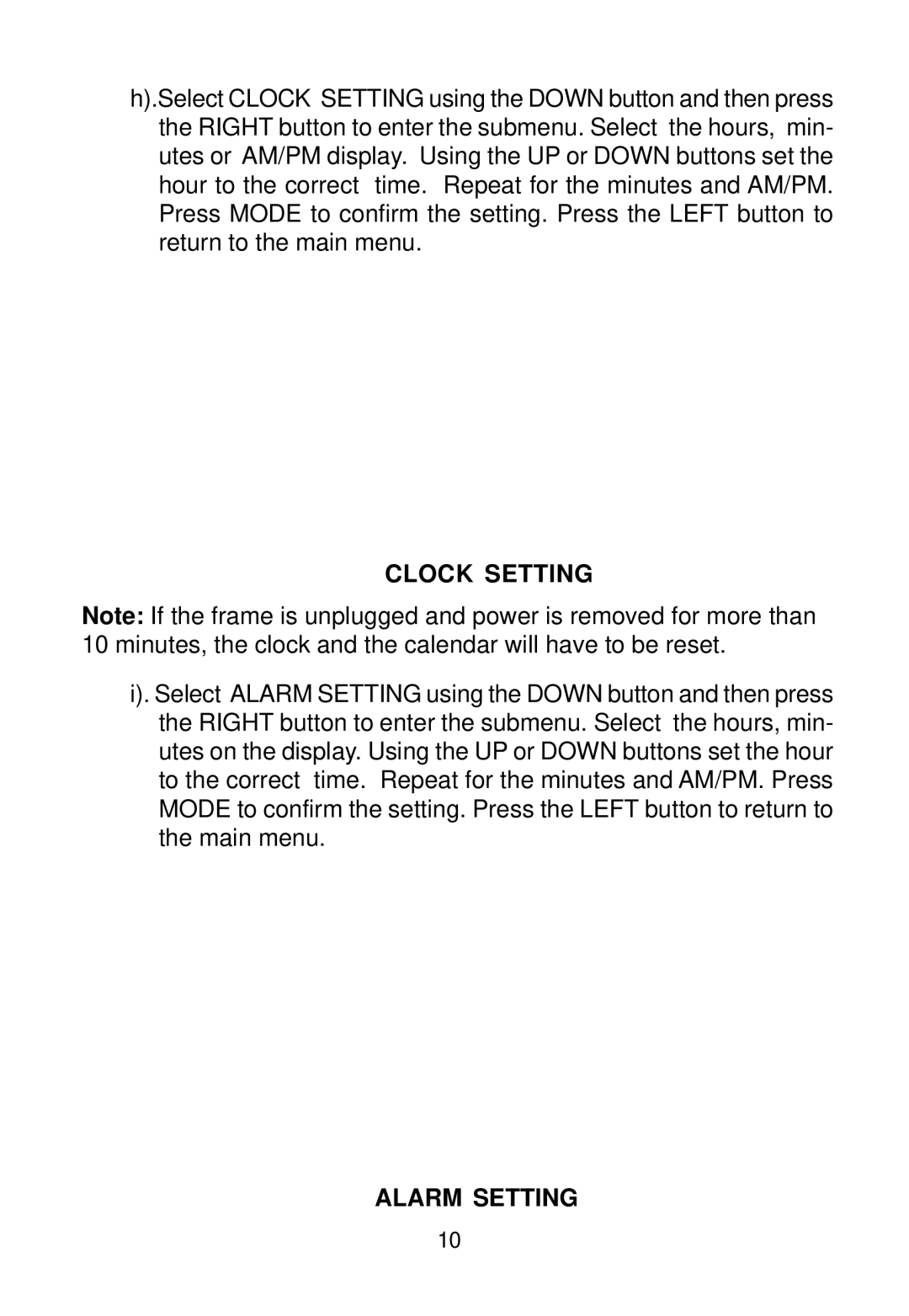 Audiovox DPF1000 manual Clock Setting, Alarm Setting 