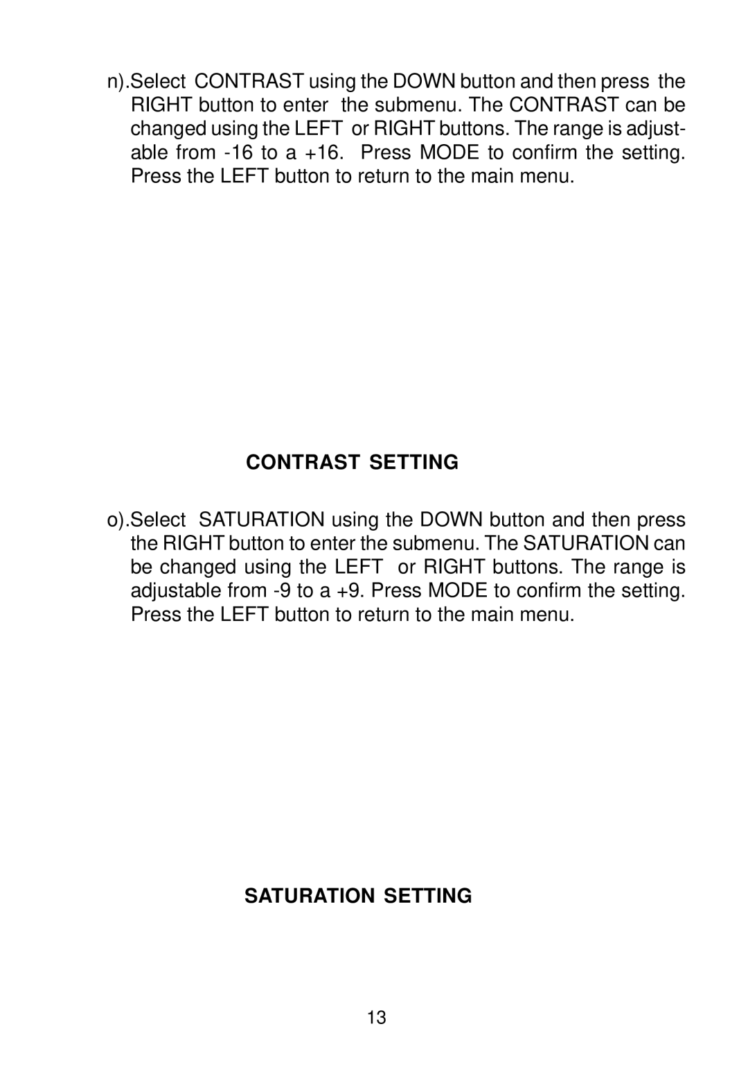 Audiovox DPF1000 manual Contrast Setting, Saturation Setting 