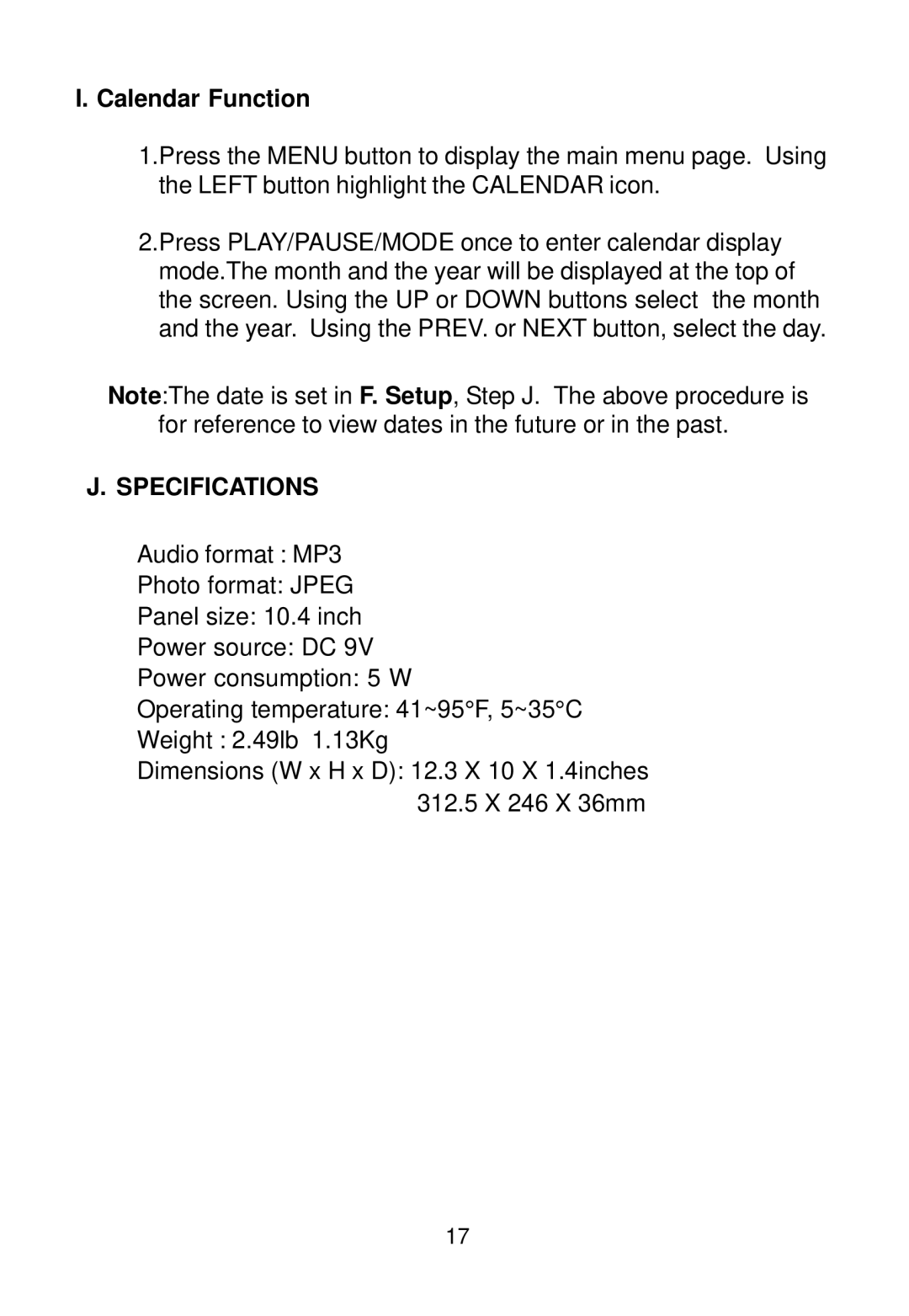 Audiovox DPF1000 manual Calendar Function, Specifications 