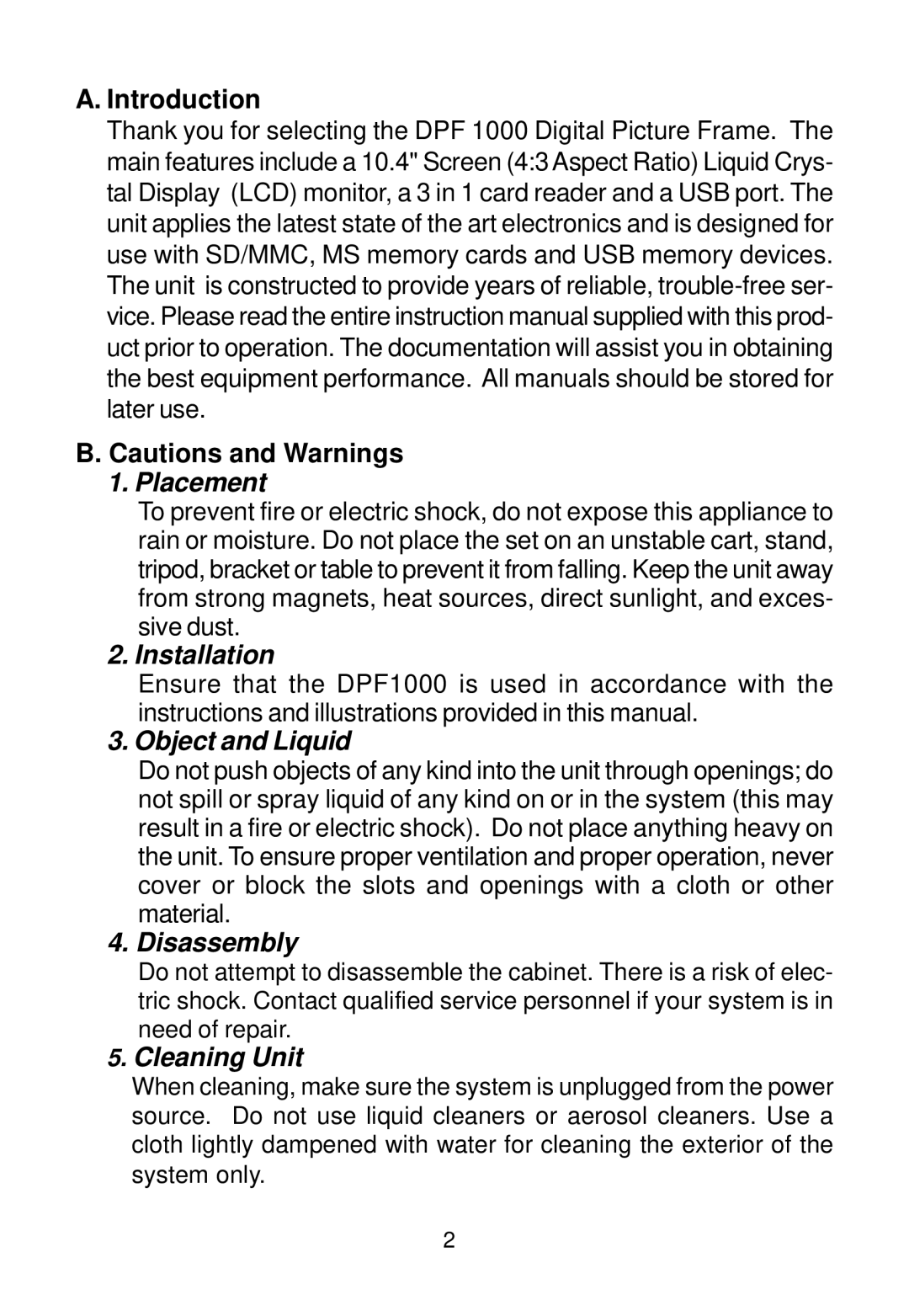 Audiovox DPF1000 manual Placement 