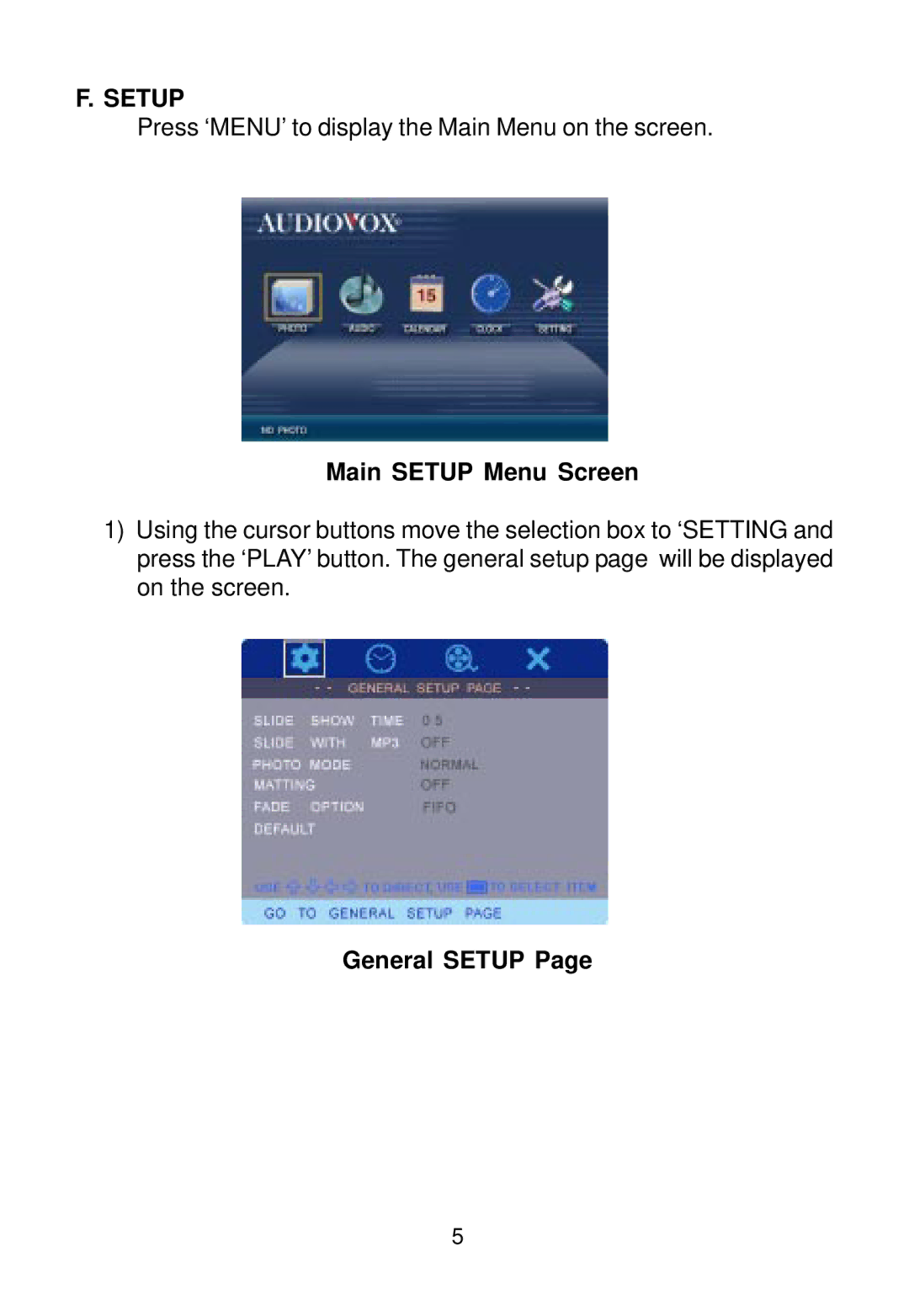 Audiovox DPF1000 manual Main Setup Menu Screen, General Setup 