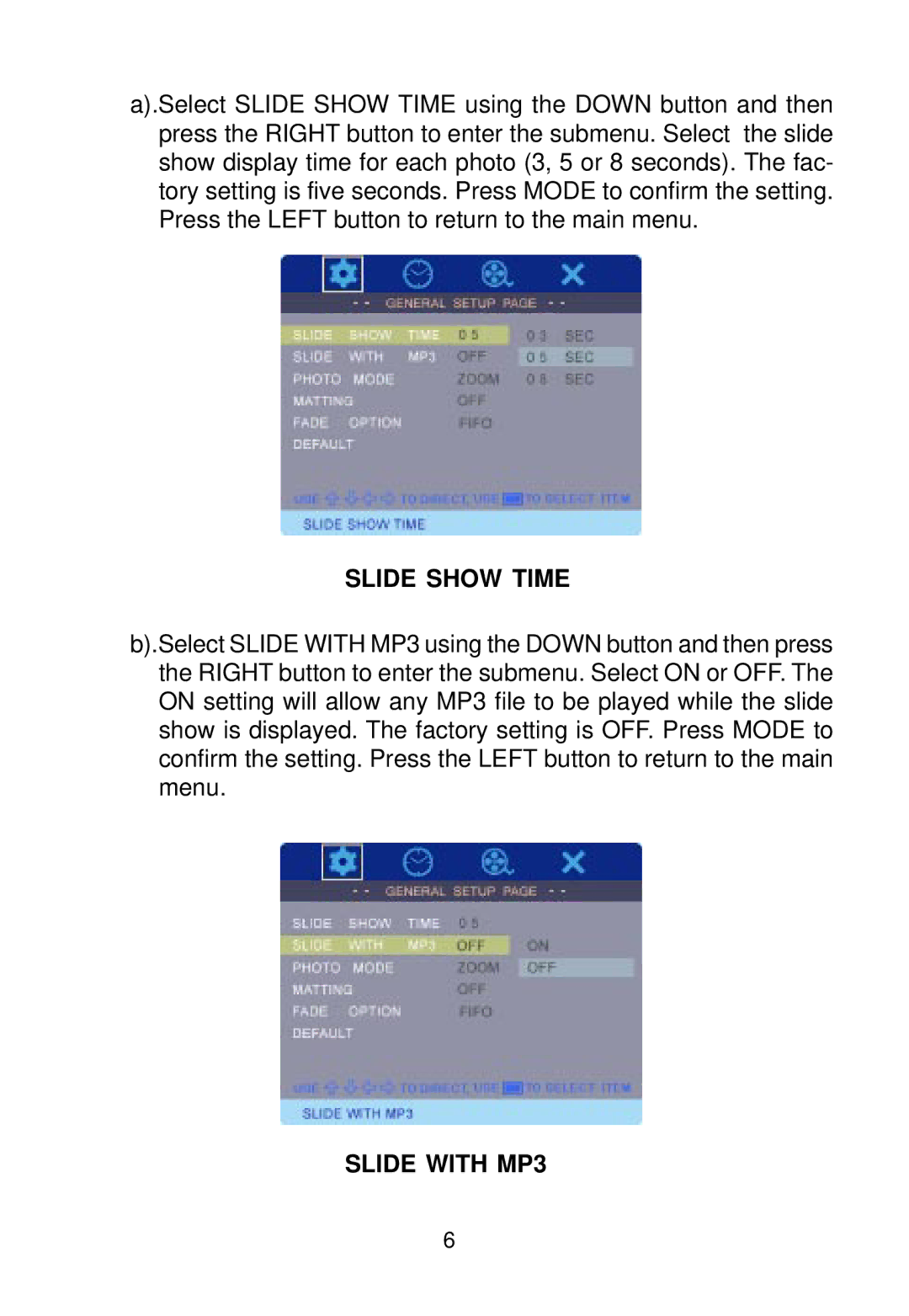 Audiovox DPF1000 manual Slide Show Time, Slide with MP3 