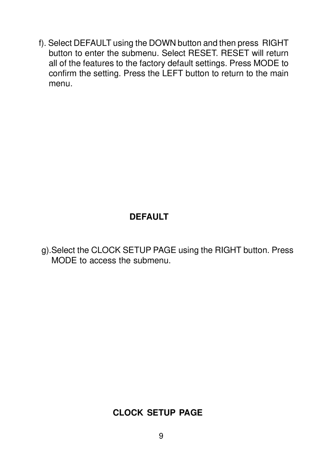 Audiovox DPF1000 manual Default, Clock Setup 