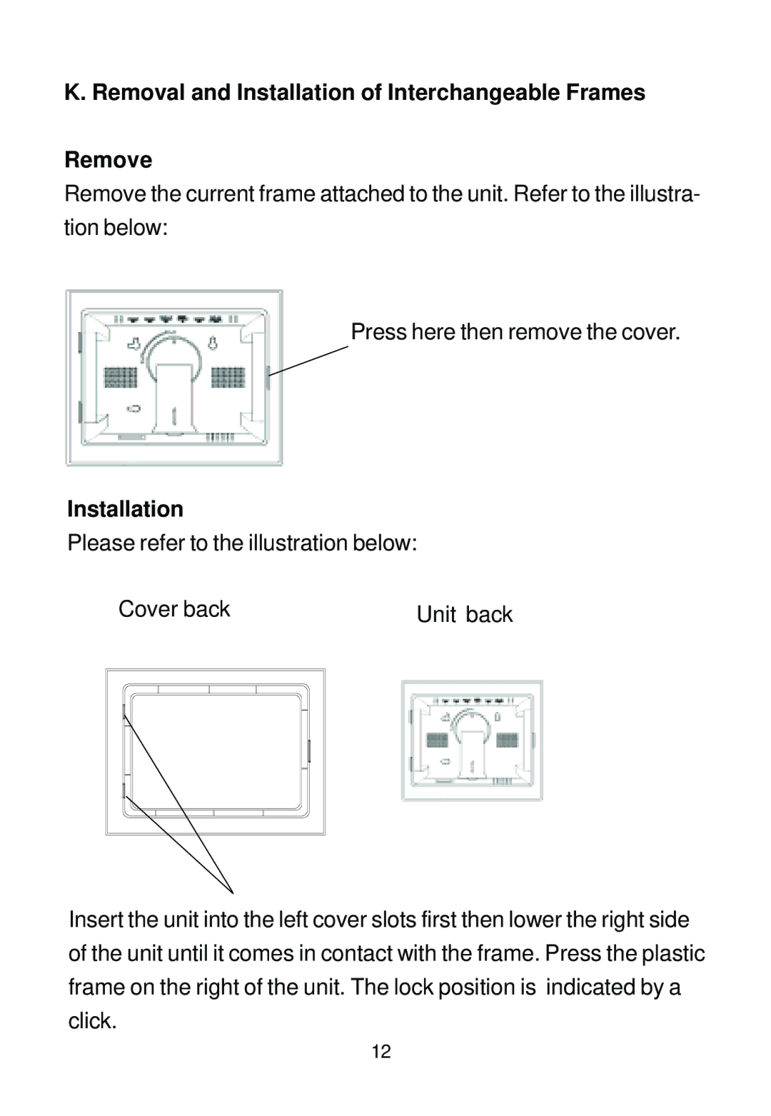 Audiovox DPF508 owner manual Removal and Installation of Interchangeable Frames Remove 