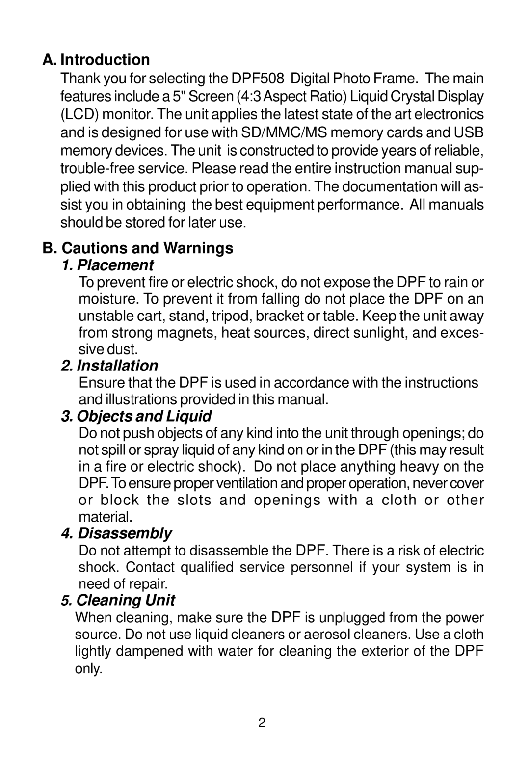 Audiovox DPF508 owner manual Introduction, Placement 