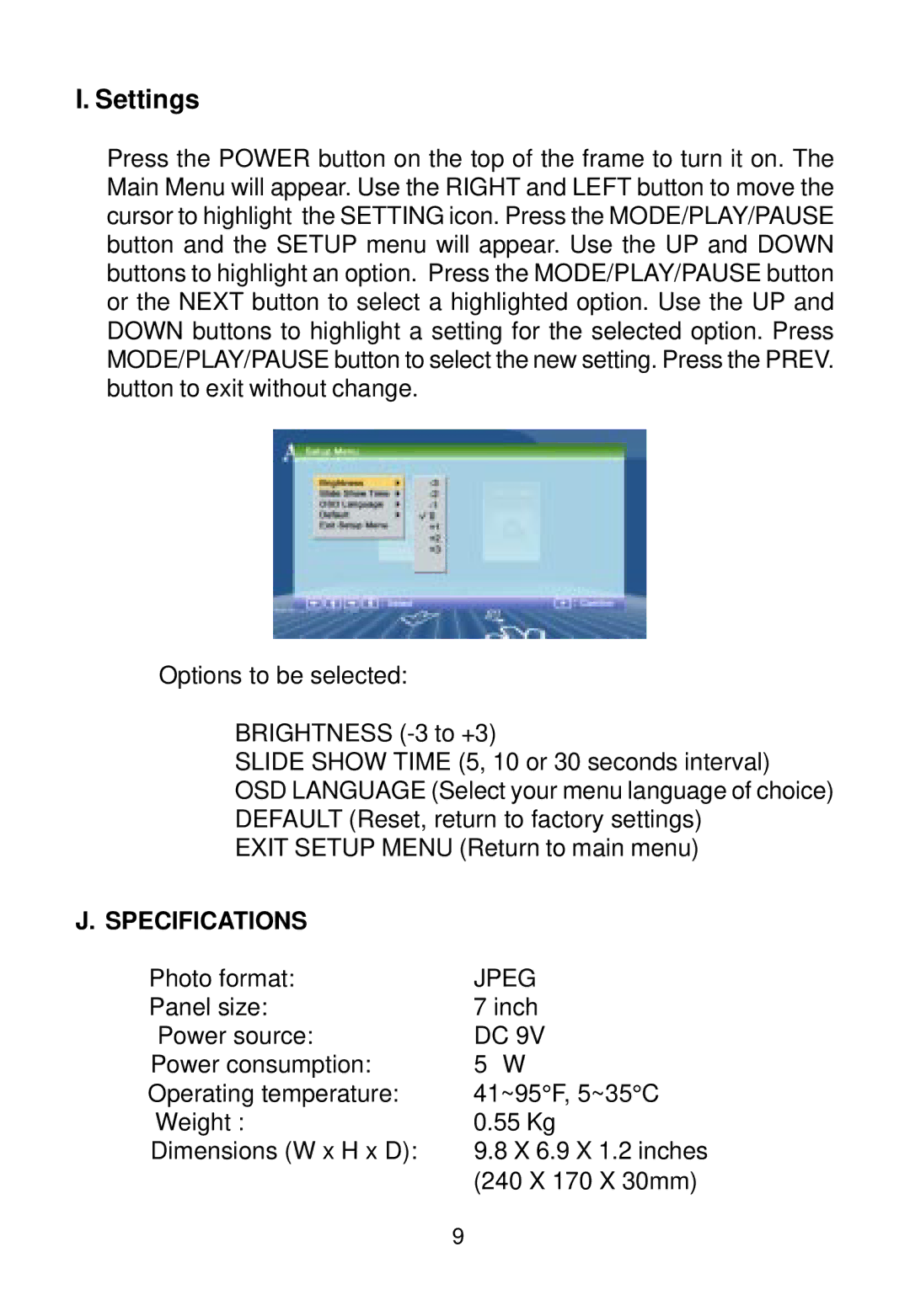 Audiovox DPF700 manual Settings, Specifications 