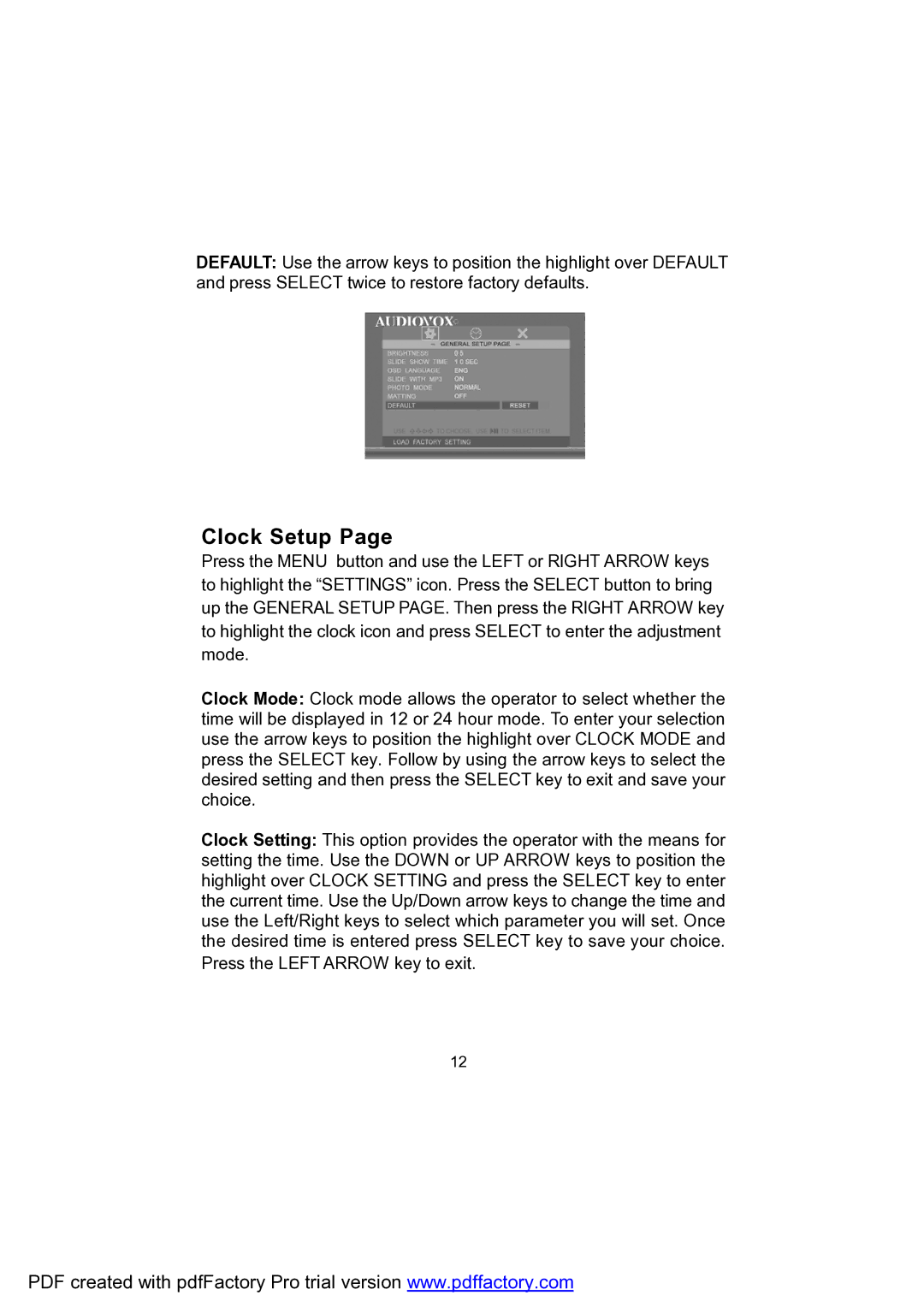 Audiovox DPF702 owner manual Clock Setup 