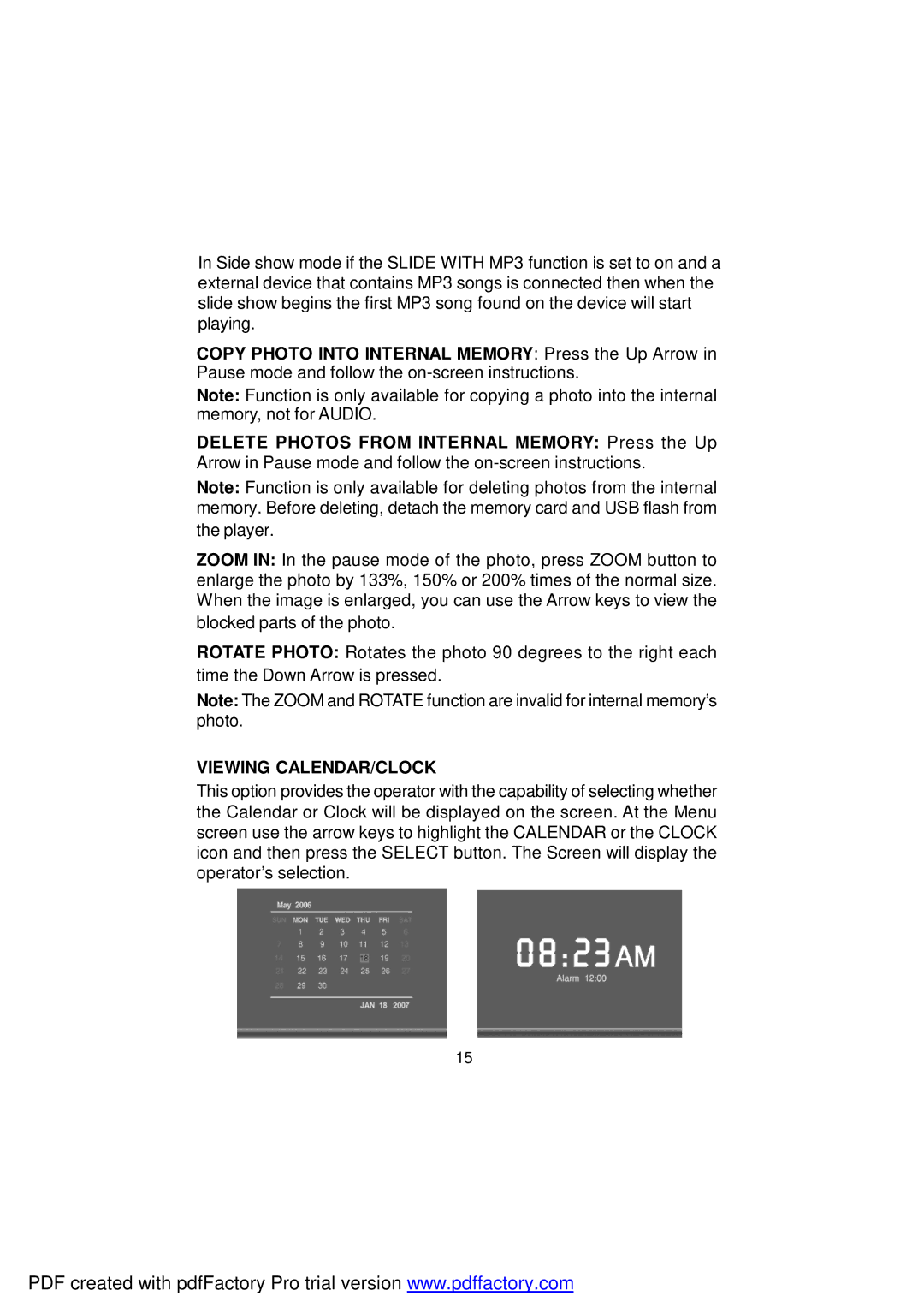 Audiovox DPF702 owner manual Viewing CALENDAR/CLOCK 