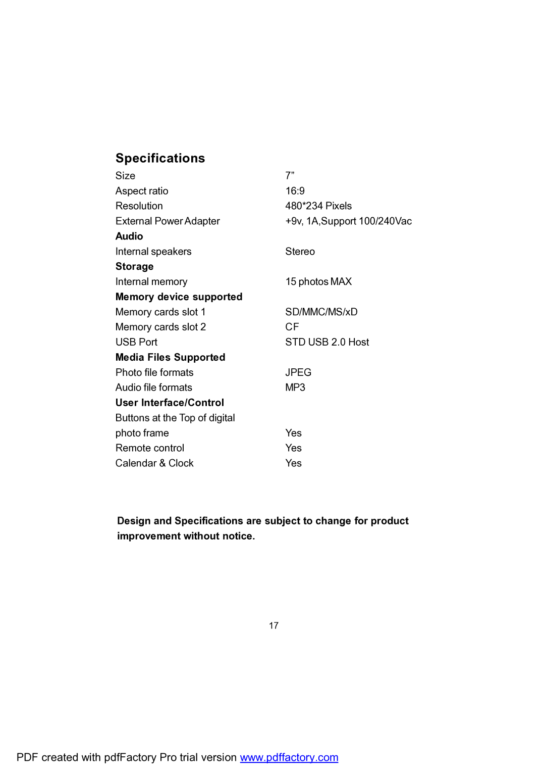 Audiovox DPF702 owner manual Specifications 