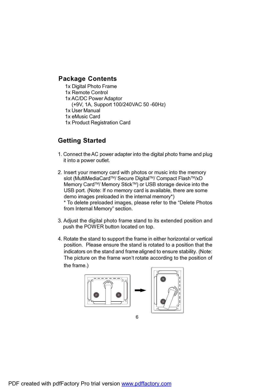 Audiovox DPF702 owner manual Package Contents, Getting Started 