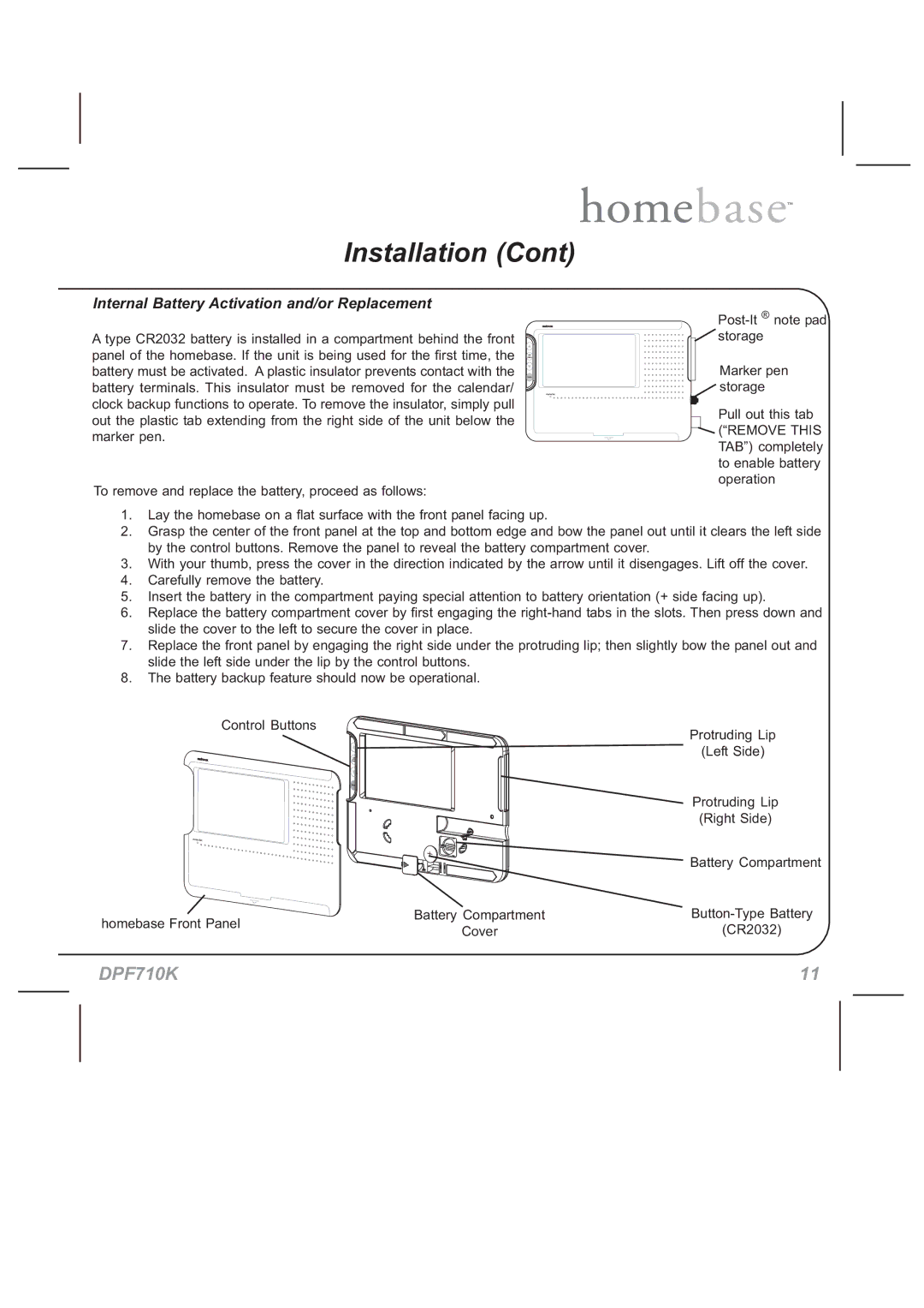 Audiovox DPF710K manual Internal Battery Activation and/or Replacement 