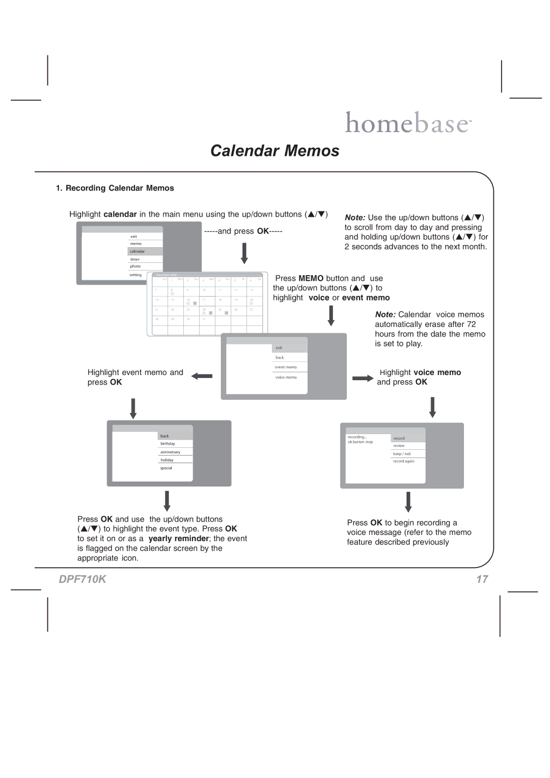 Audiovox DPF710K manual Recording Calendar Memos 