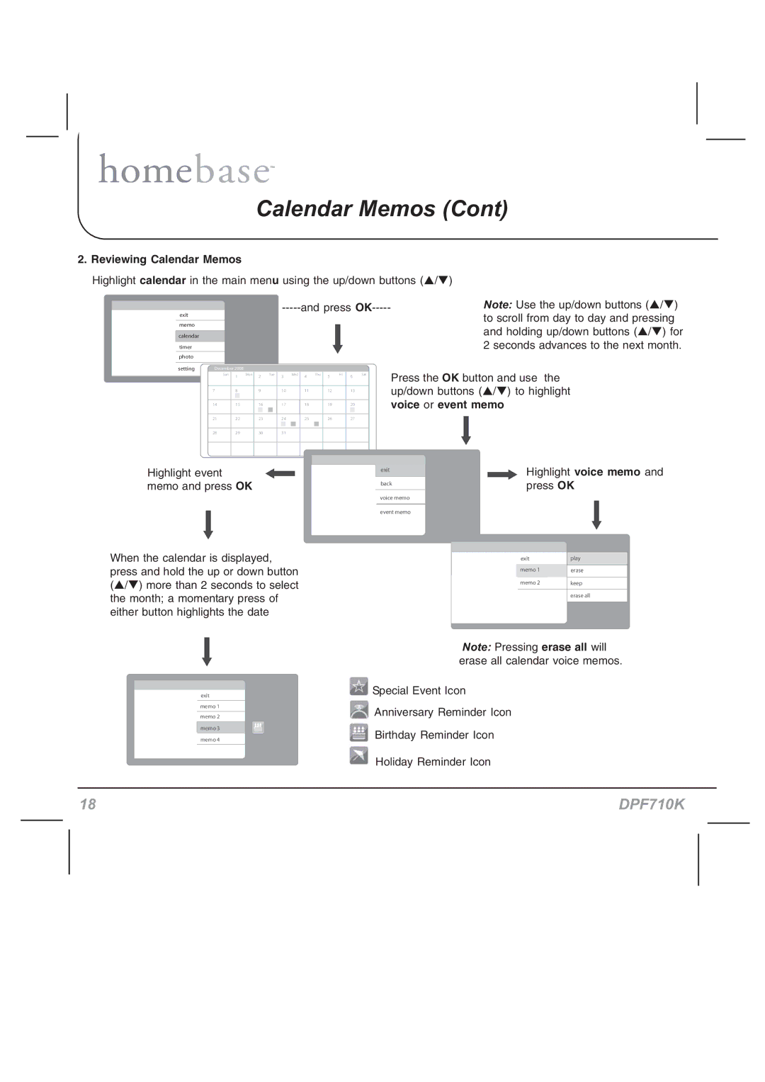 Audiovox DPF710K manual Reviewing Calendar Memos 