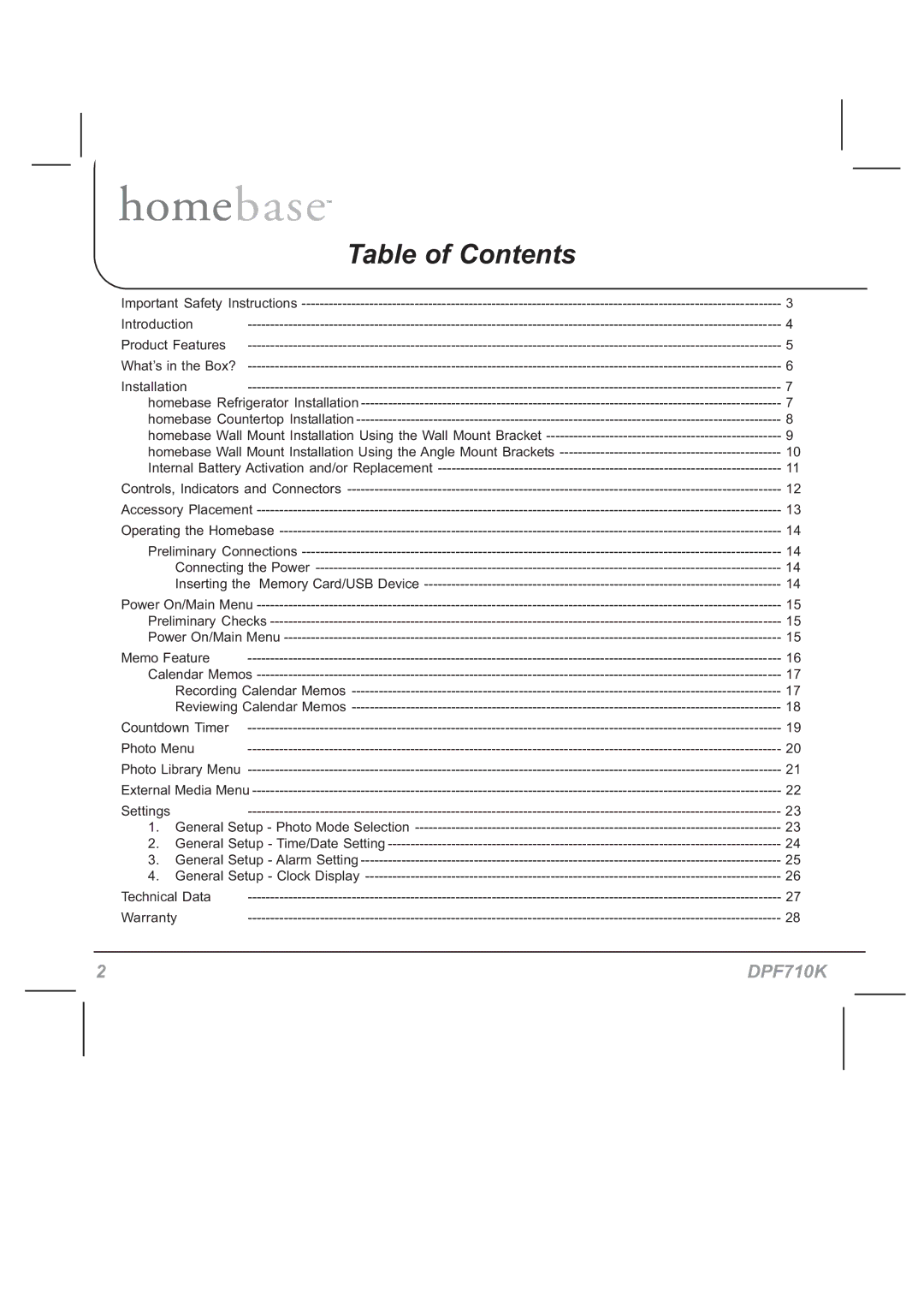 Audiovox DPF710K manual Table of Contents 