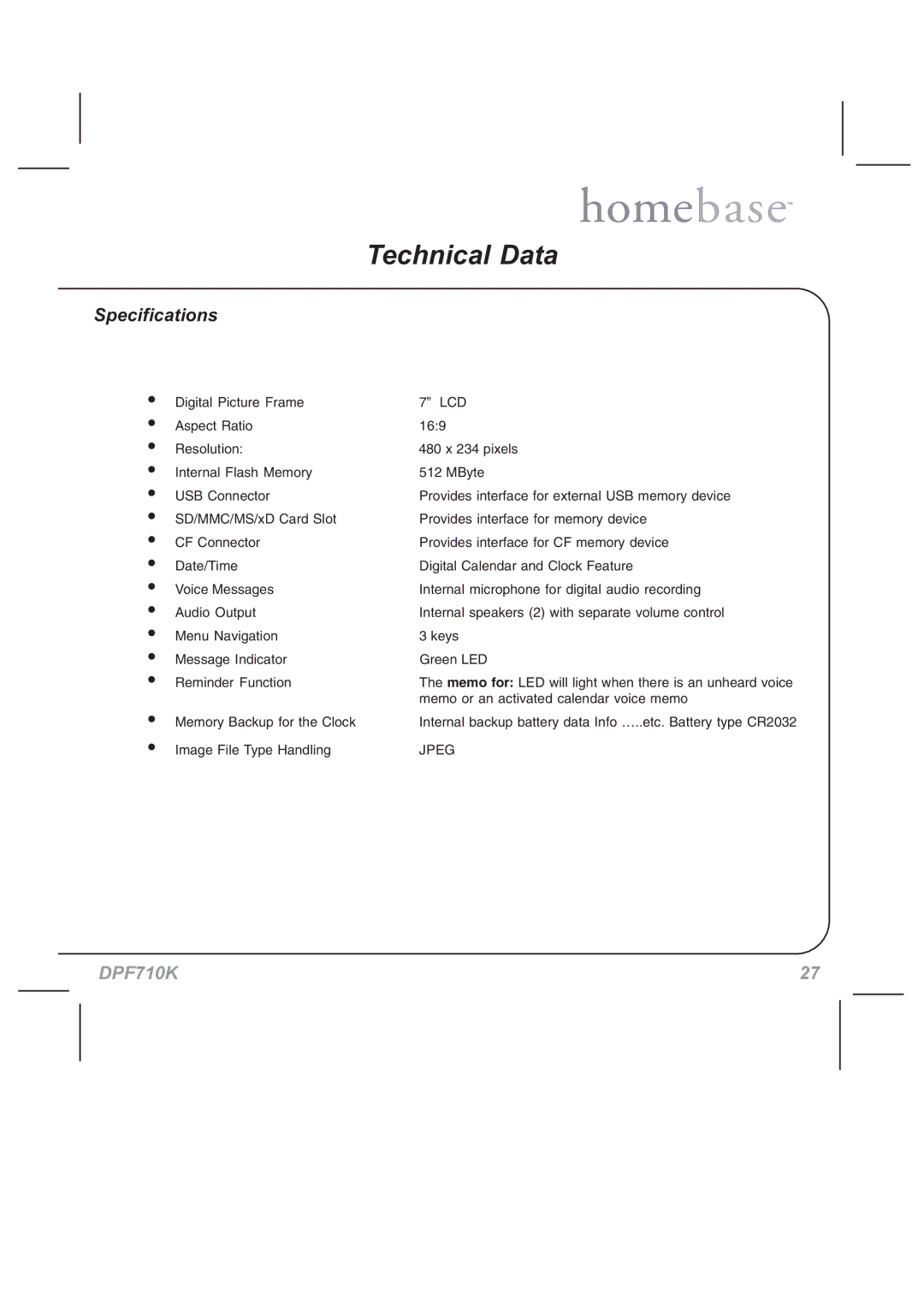 Audiovox DPF710K manual Technical Data, Specifications 