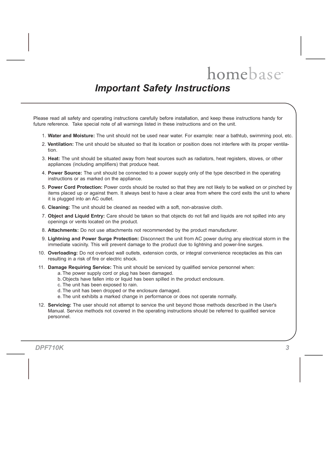 Audiovox DPF710K manual Important Safety Instructions 