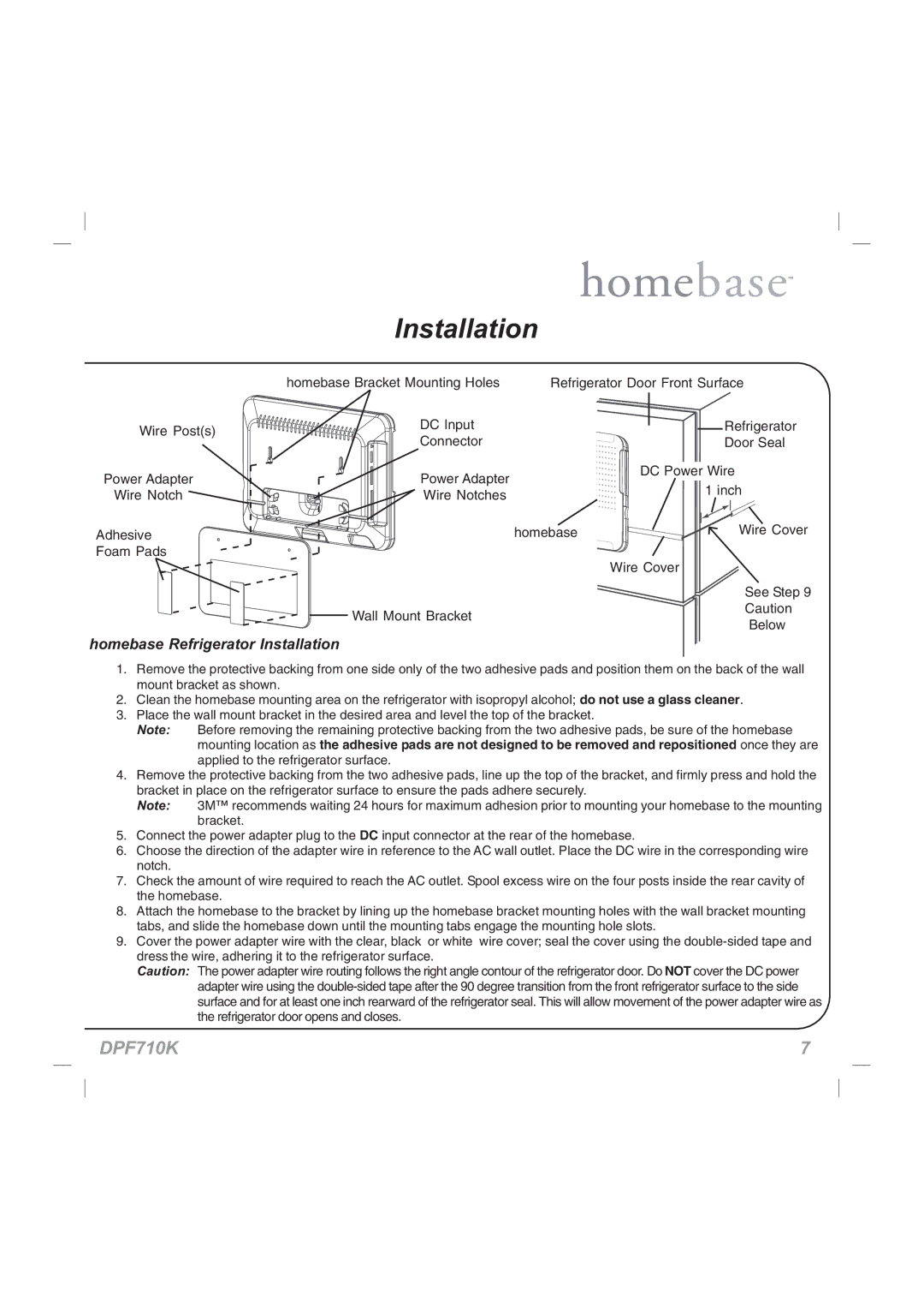 Audiovox DPF710K manual Homebase Refrigerator Installation 