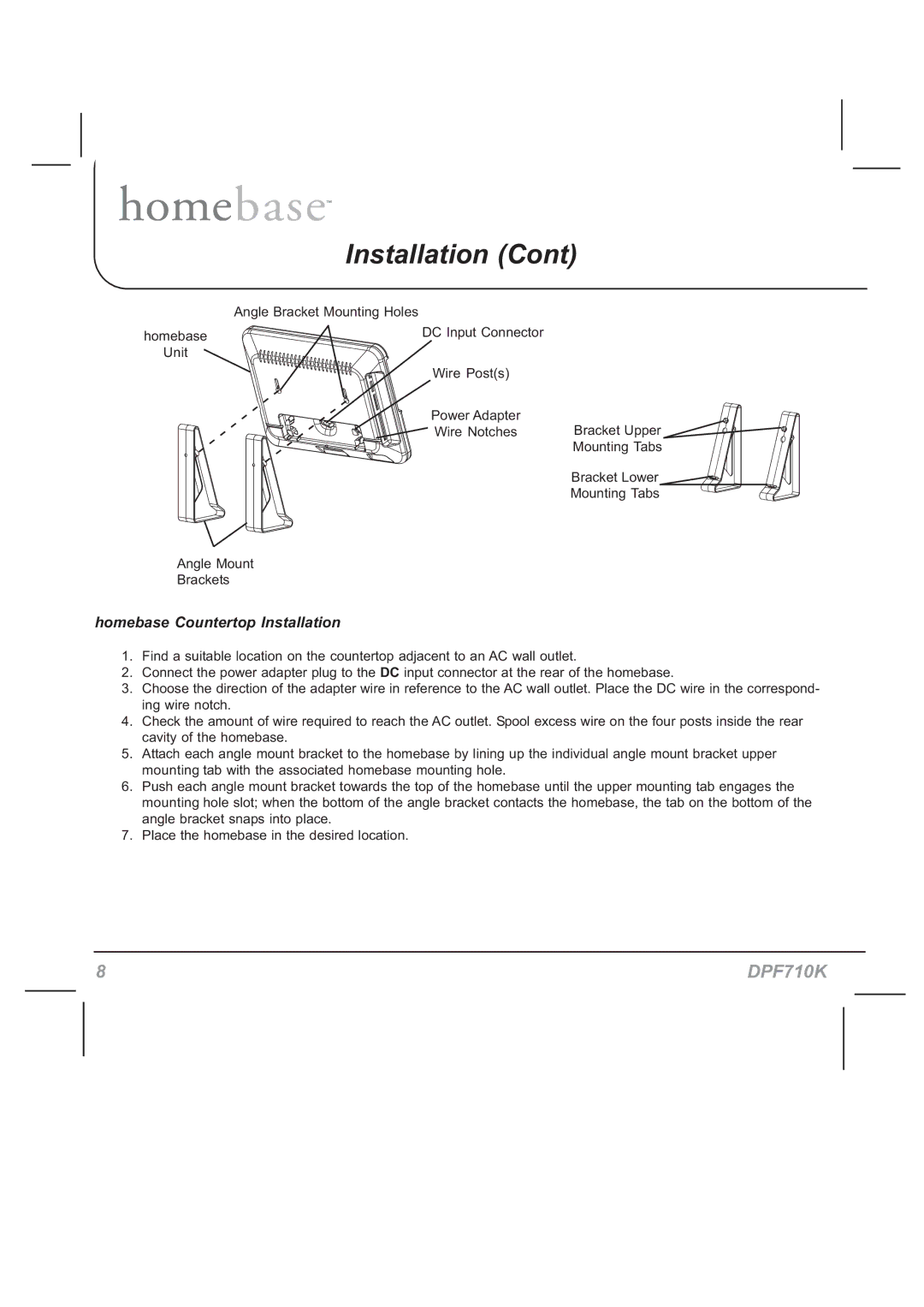 Audiovox DPF710K manual Homebase Countertop Installation 