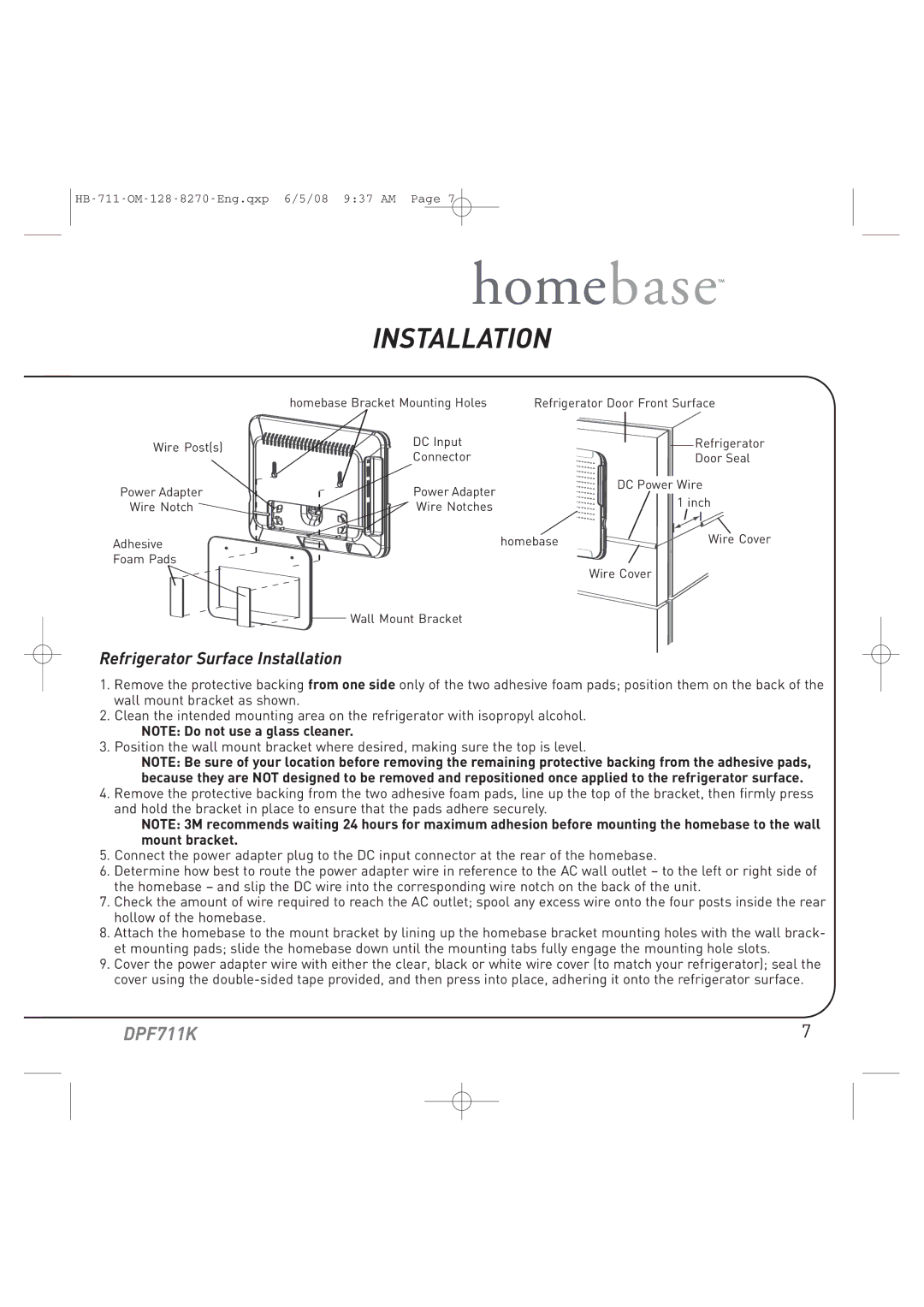 Audiovox DPF711K manual Refrigerator Surface Installation 