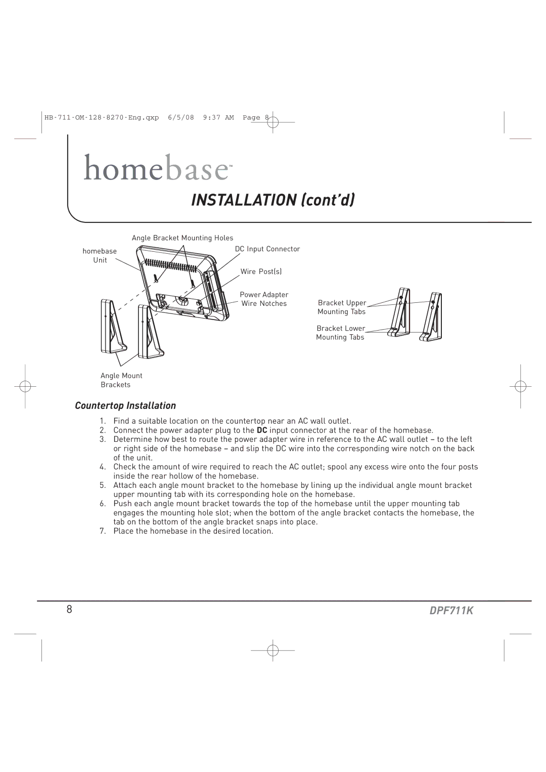 Audiovox DPF711K manual Installation cont’d, Countertop Installation 