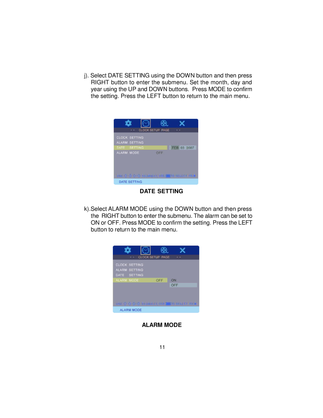 Audiovox DPF800 manual Date Setting, Alarm Mode 