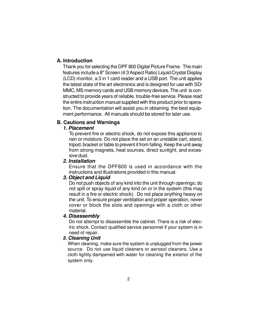 Audiovox DPF800 manual Placement 