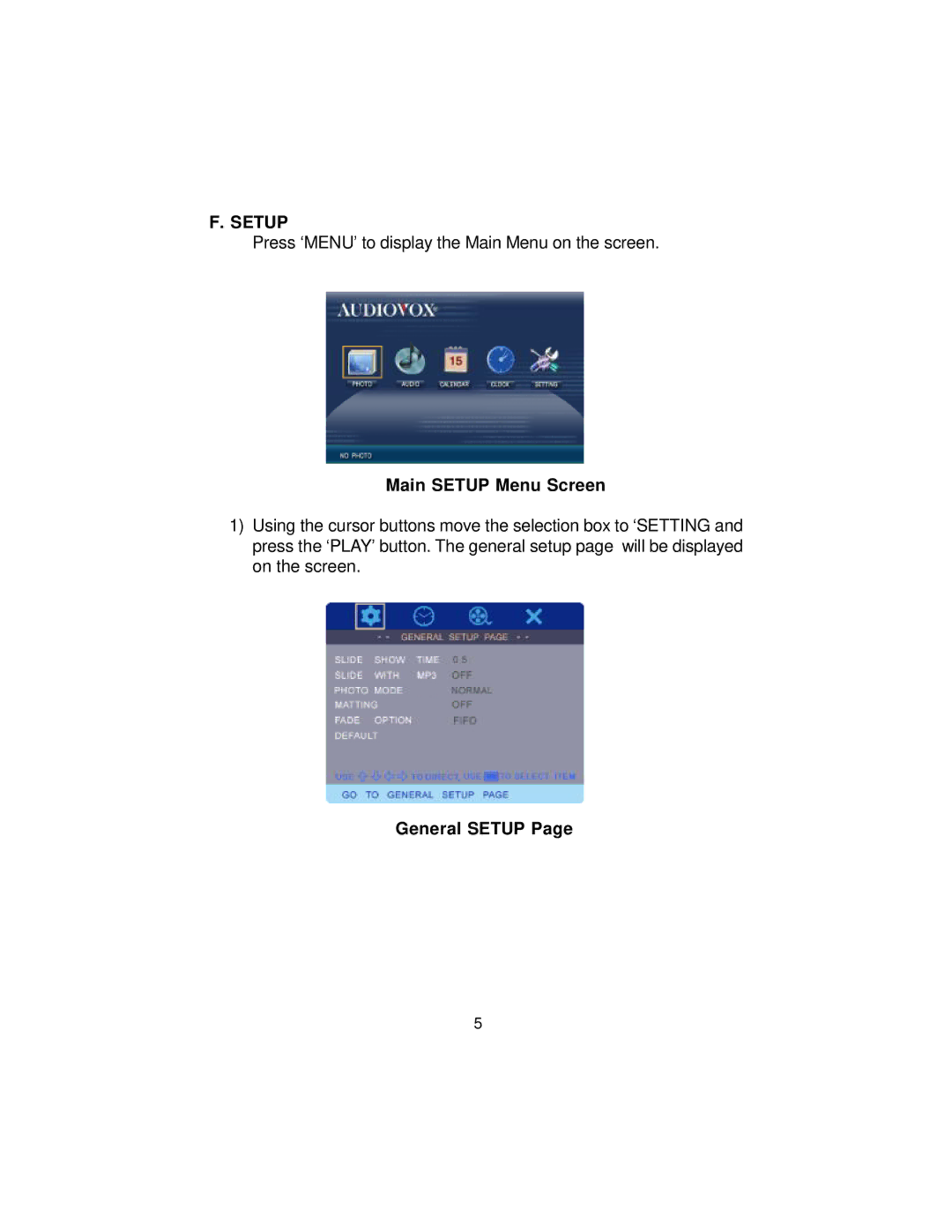 Audiovox DPF800 manual Main Setup Menu Screen, General Setup 