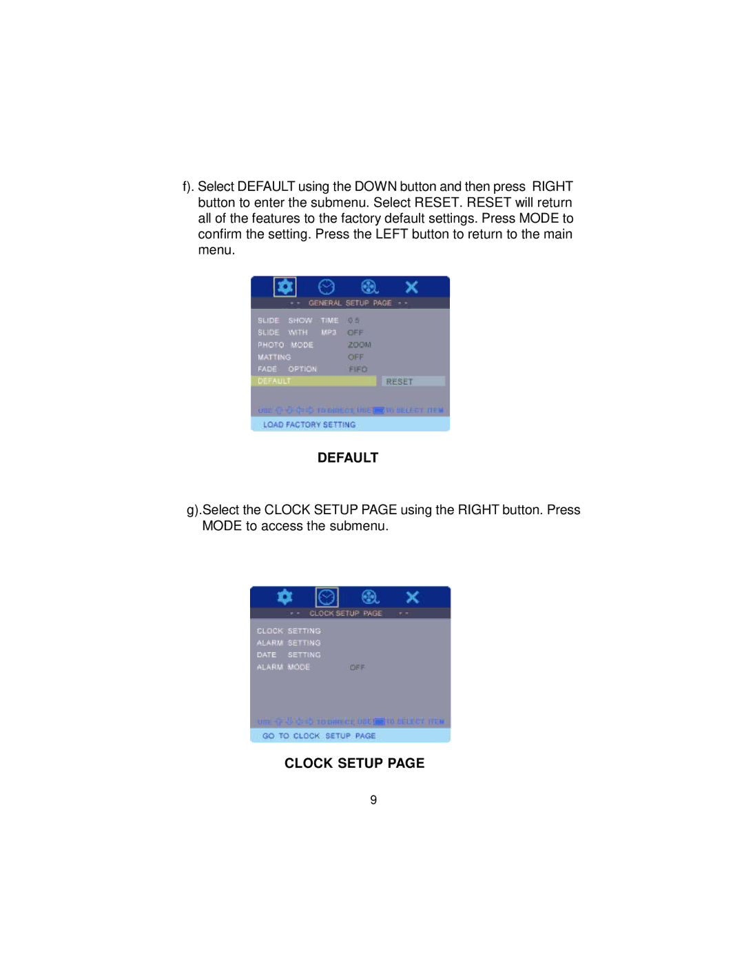 Audiovox DPF800 manual Default, Clock Setup 