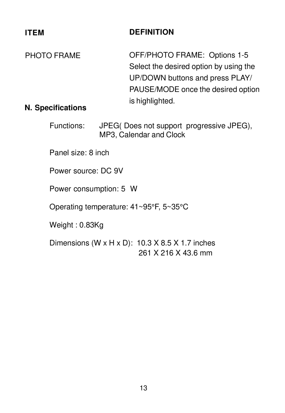 Audiovox DPF808 owner manual Photo Frame, Specifications 