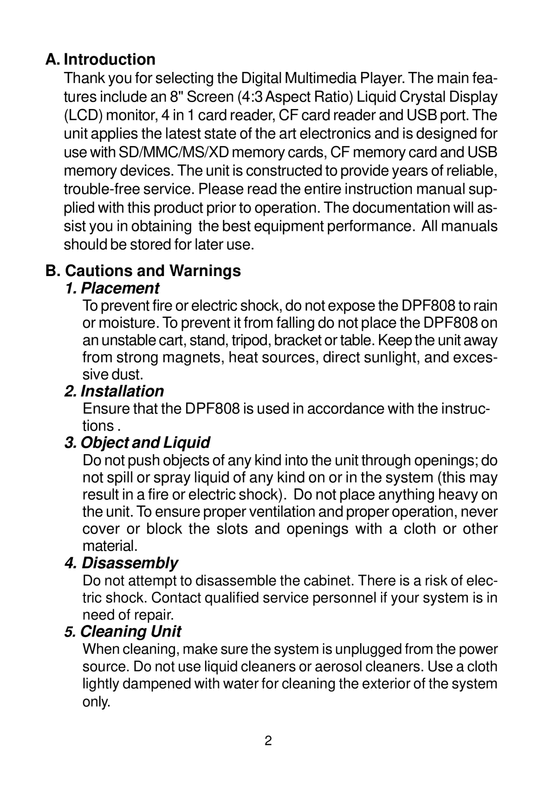 Audiovox DPF808 owner manual Introduction, Placement 