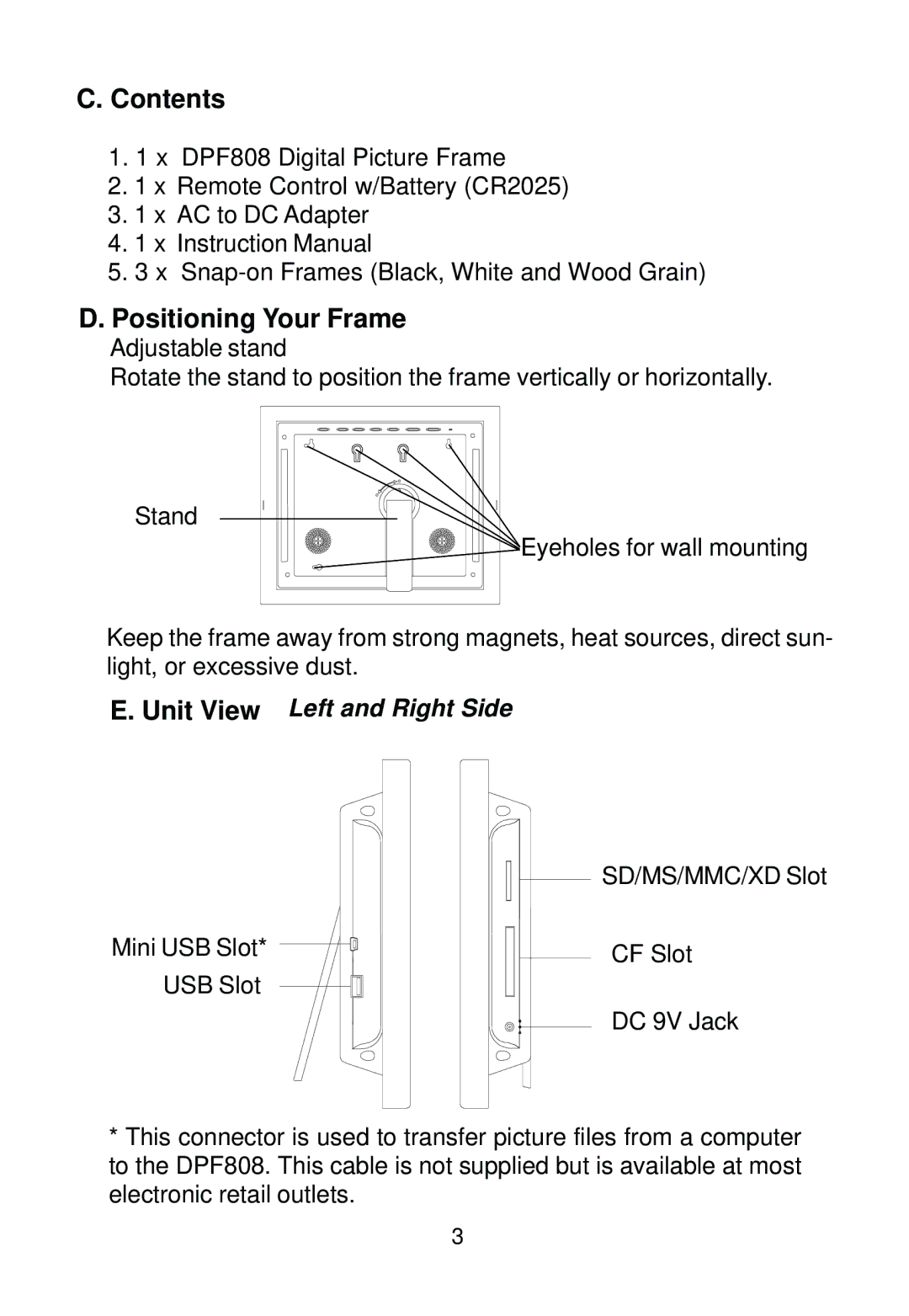 Audiovox DPF808 owner manual Contents, Positioning Your Frame 