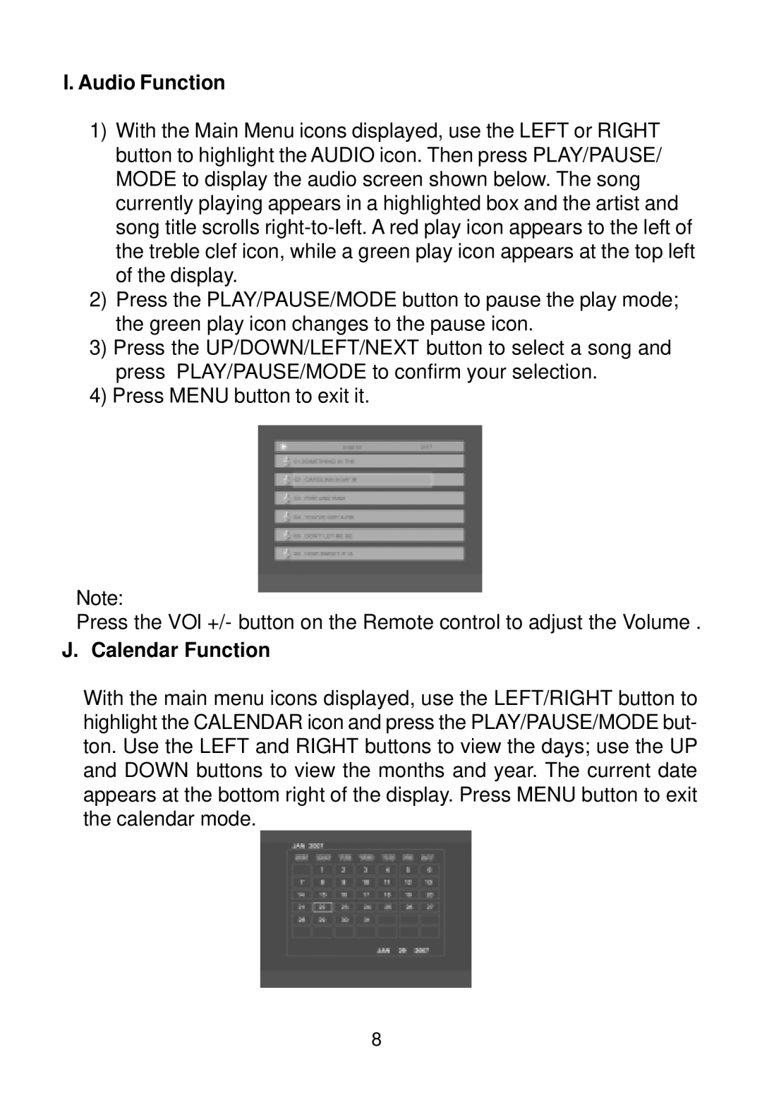 Audiovox DPF808 owner manual Audio Function, Calendar Function 