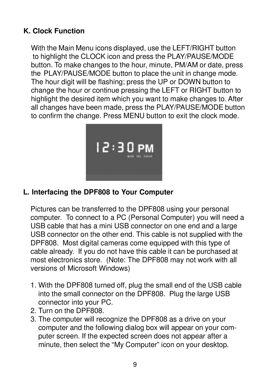 Audiovox owner manual Clock Function, Interfacing the DPF808 to Your Computer 