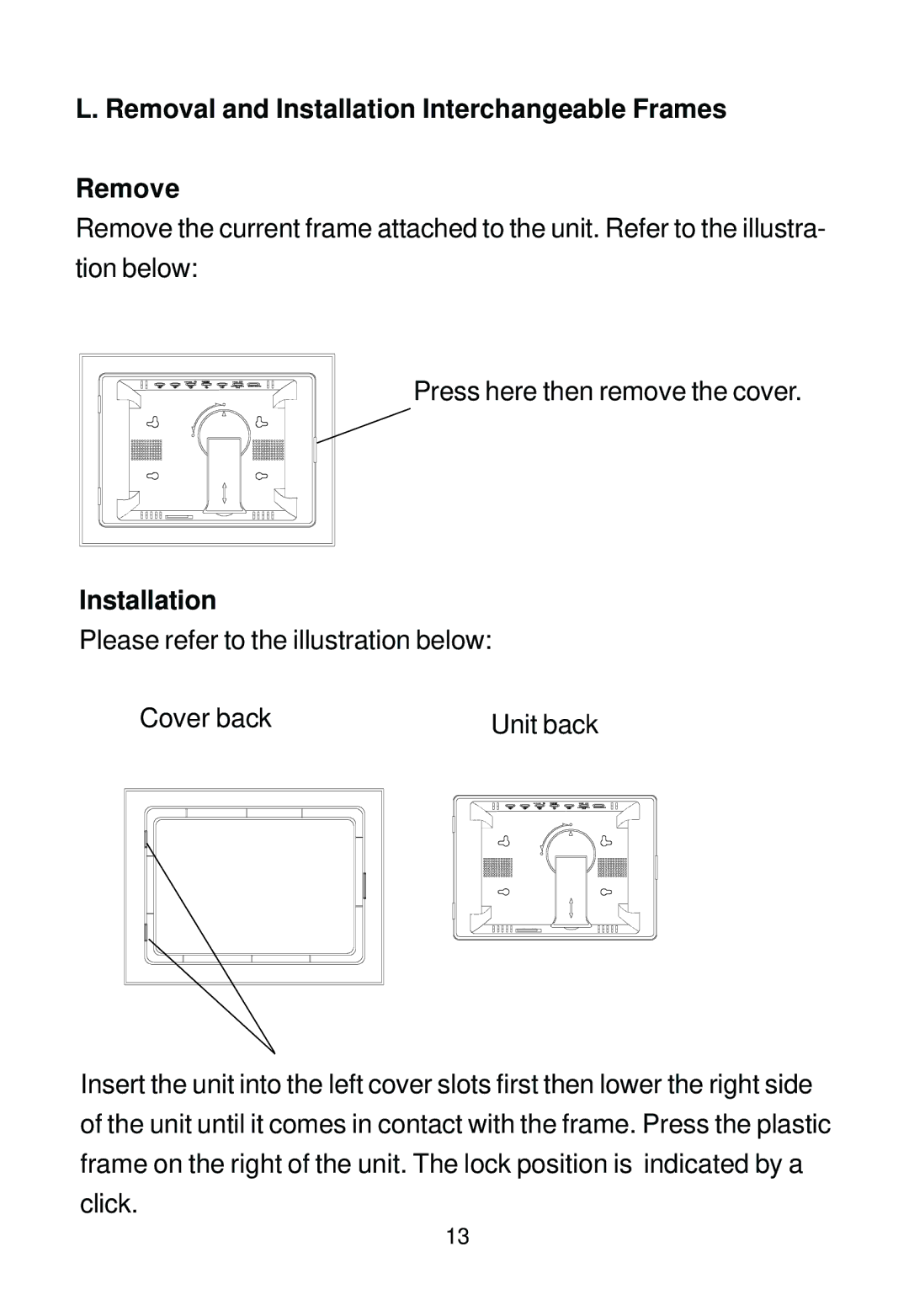 Audiovox DPF908 owner manual Removal and Installation Interchangeable Frames Remove 