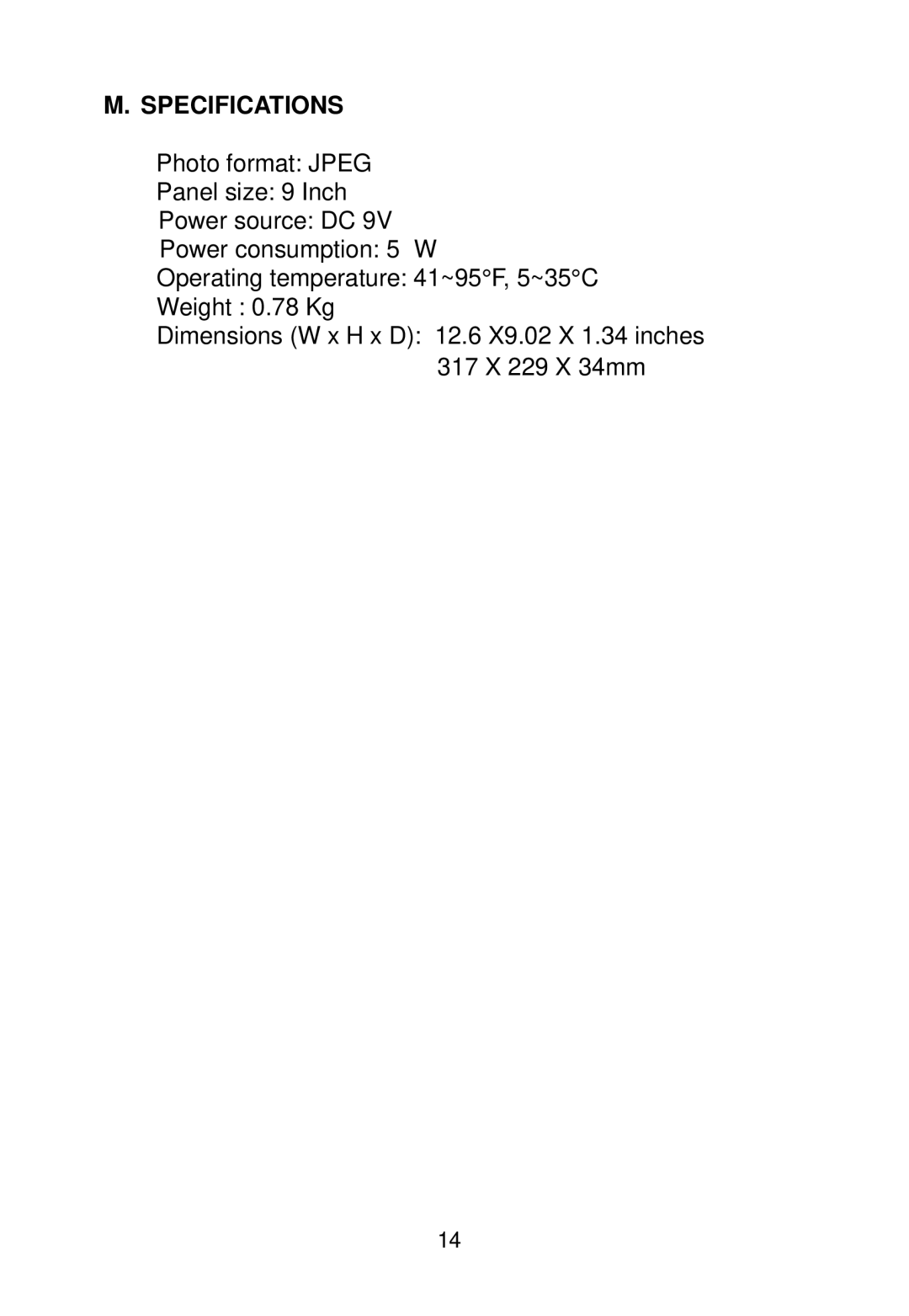 Audiovox DPF908 owner manual Specifications 