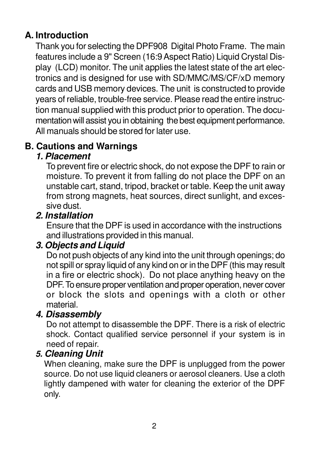 Audiovox DPF908 owner manual Introduction, Placement 