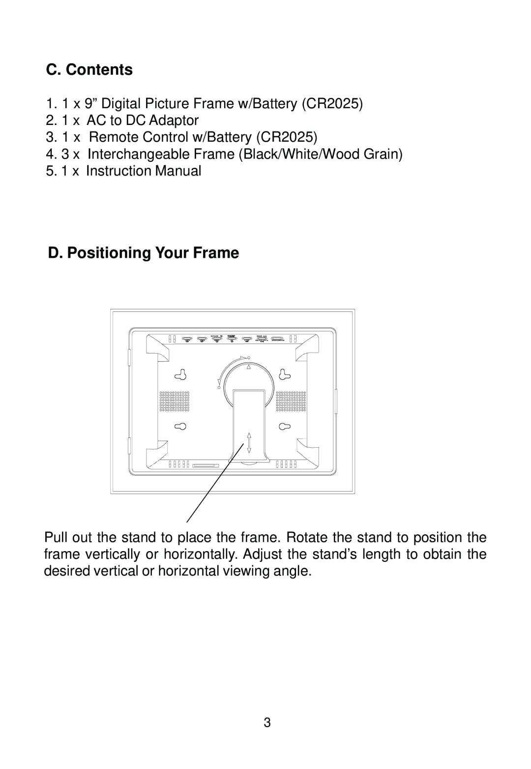 Audiovox DPF908 owner manual Contents, Positioning Your Frame 